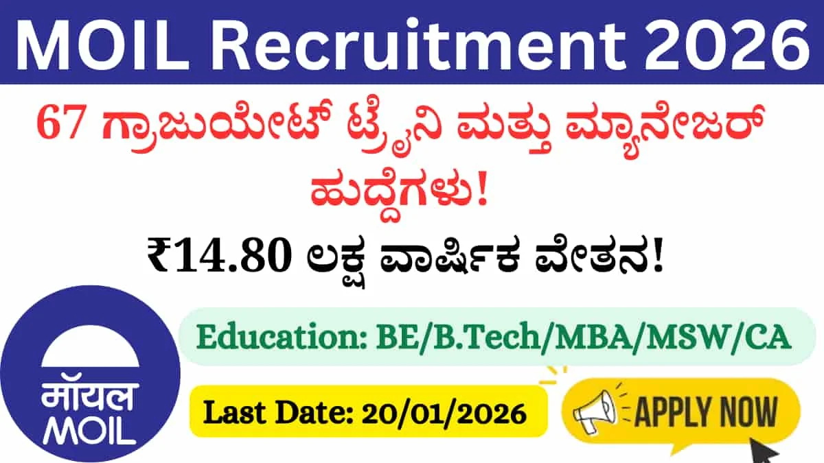 MOIL Recruitment 2026: 67 ಗ್ರಾಜುಯೇಟ್ ಟ್ರೈನಿ ಮತ್ತು ಮ್ಯಾನೇಜರ್ ಹುದ್ದೆಗಳ ಭರ್ತಿ; ₹14.80 ಲಕ್ಷ ವಾರ್ಷಿಕ ವೇತನದ ಬಂಪರ್ ಅವಕಾಶ!